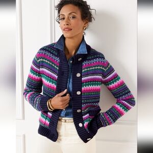 Talbots Mockneck Sweater Jacket Cadet Fair Isle